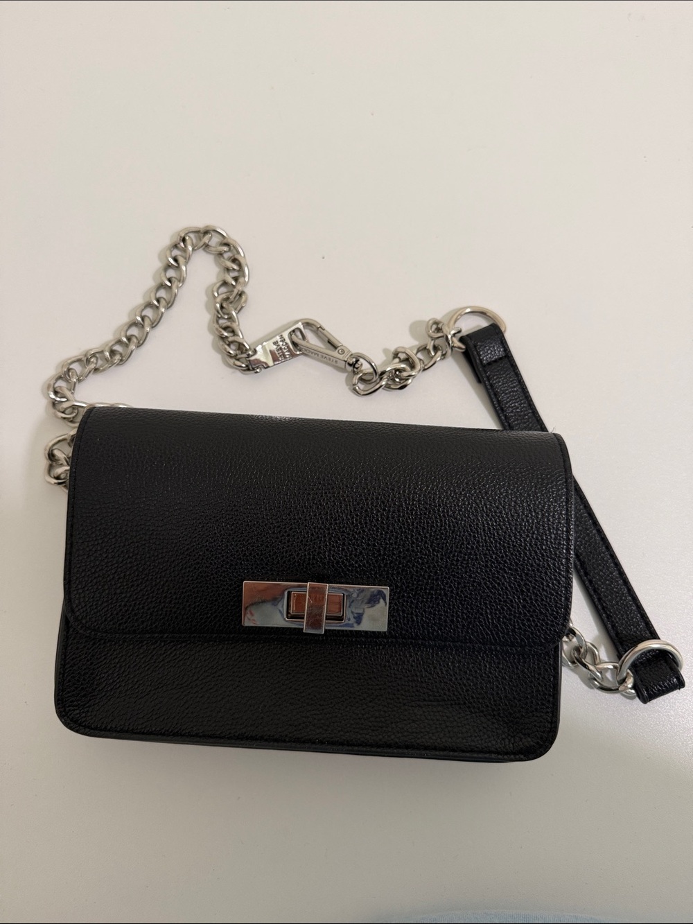 Black Leather Crossbody Waist Bag with Silver Chain Strap